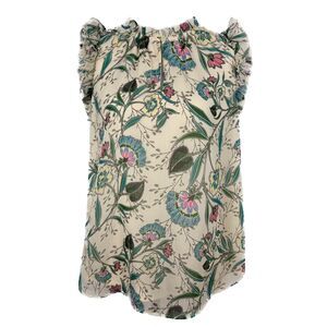 LOFT Sz S Ivory Sleeveless Lined Floral Ruffle Neck Sheer Tank Top